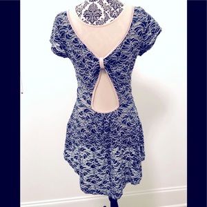 Navy Stretch lace hi lo fitted top /swim Coverup Key hole open back size S